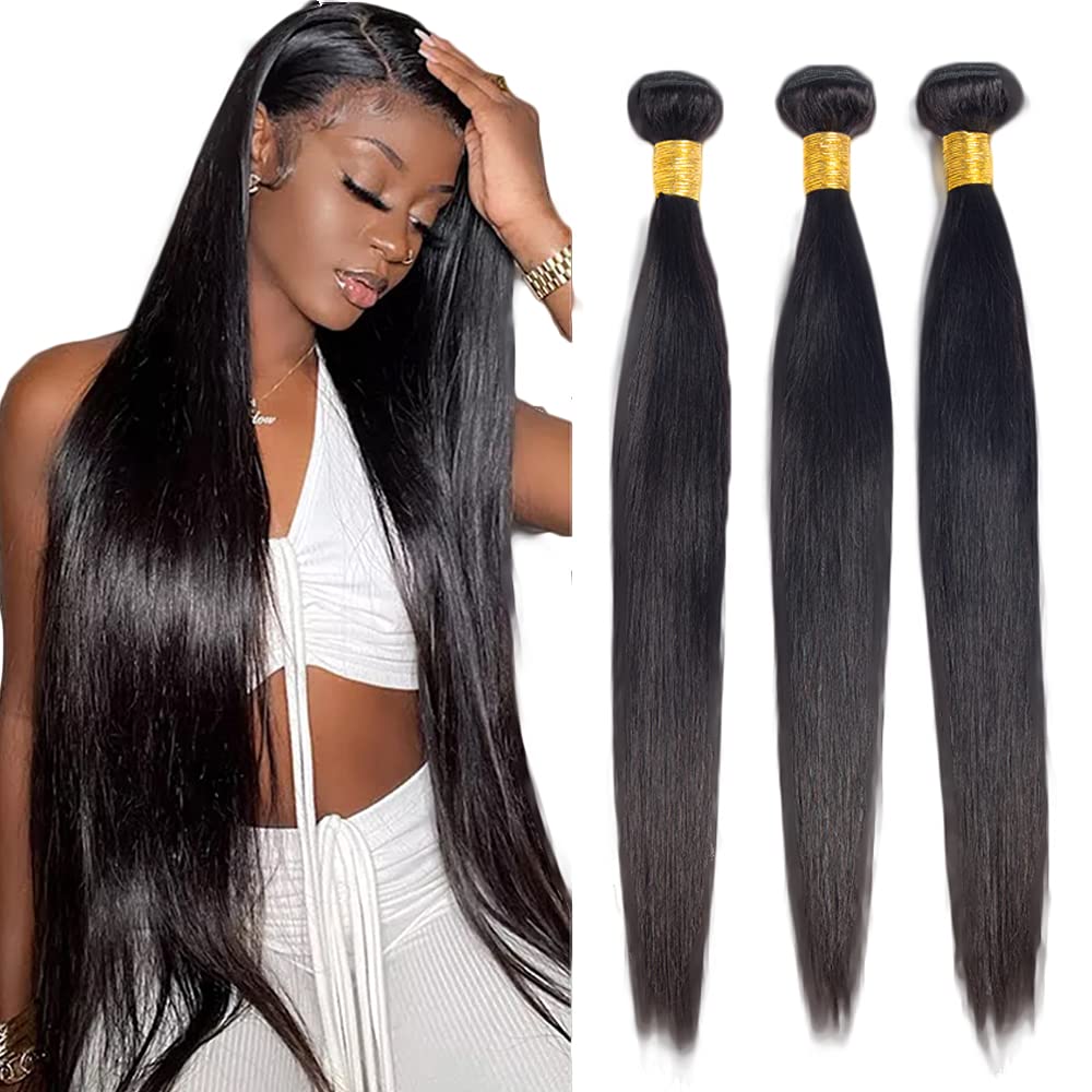 Photo 1 of #1B Human Hair Bundles Straight Bundles 34 34 34 Inch Unprocessed Brazilian Virgin Hair Weave 3 Bundles Straight Human Hair Extensions Natural Color Bundle 50 Grams Per Bundle