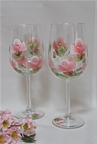 Amazon Com Hand Painted Wine Glasses Coral Roses Set Of 2
