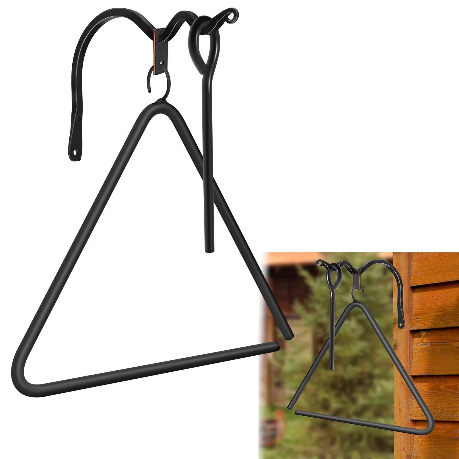 Photo 1 of 12 Inch Triangle Dinner Bell Hunging Triangle Bell with Striker & Wall Bracket Mounts Outdoor Wall-Mounted Triangle Bell Outside Bell Indoor Iron Triangle Chime