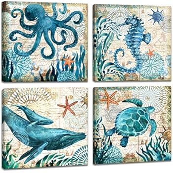 4 Piece Canvas Wall Art Home Wall Decor Art Ocean Watercolor Sea World Animal Home Sea Turtle Seahorse Whale Octopus Pictures Modern Artwork Stretched and Framed Ready to Hang Size:12