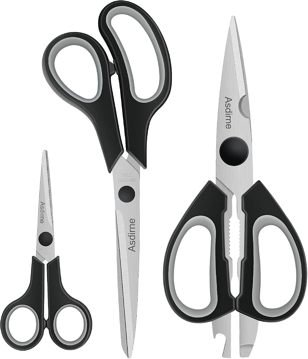 Asdirne Kitchen Scissors 3Pcs Sharp Stainless Steel Blades Soft Grips Black Grey