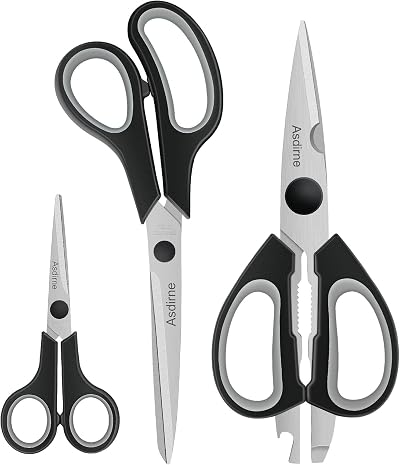 Asdirne Kitchen Scissors 3Pcs Sharp Stainless Steel Blades Soft Grips Black Grey