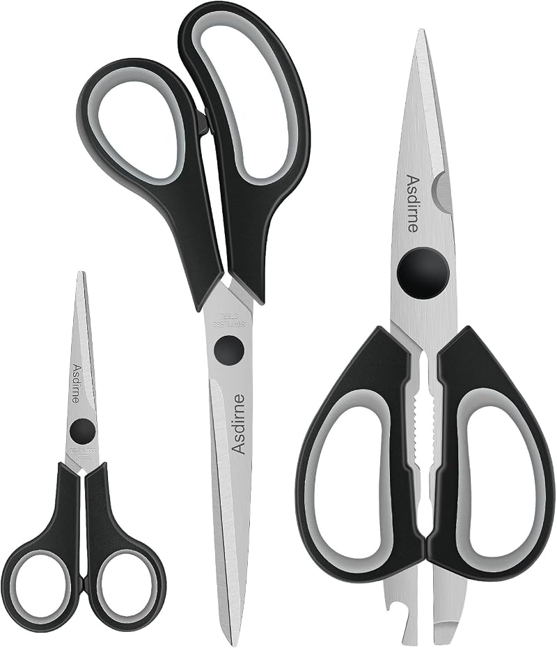 Asdirne Kitchen Scissors 3Pcs Sharp Stainless Steel Blades Soft Grips Black Grey