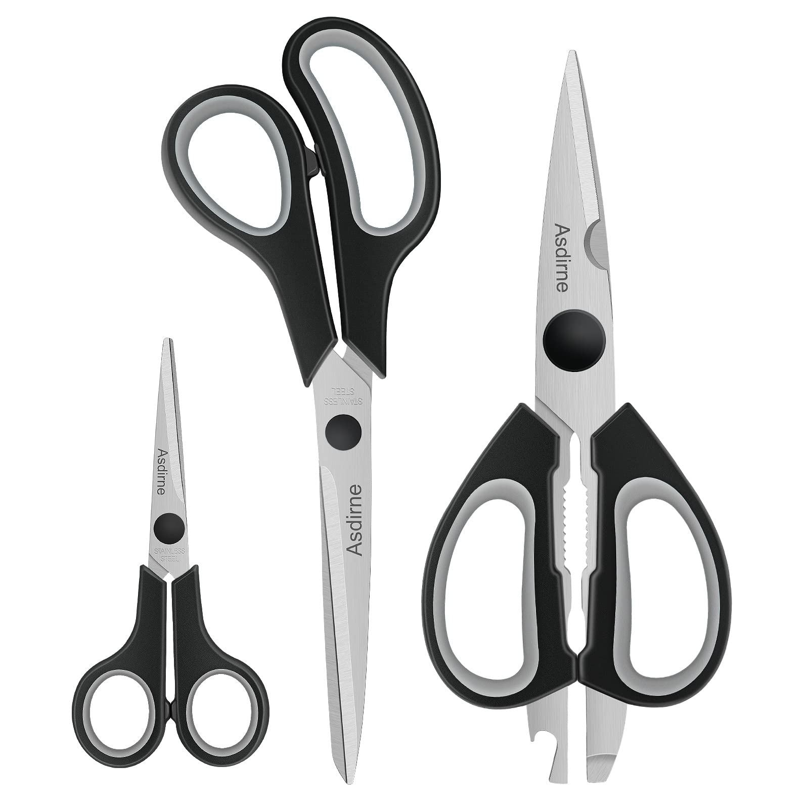 Asdirne Kitchen Scissors with Sharp Stainless Steel Blades and Soft Handles, Multifunctional Scissors Set, 3PCs, Black/Grey