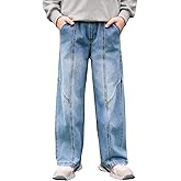 Haloumoning Boys Wide Leg Jeans Kids Casual Straight Baggy Denim Pants with Pockets 5-14 Years