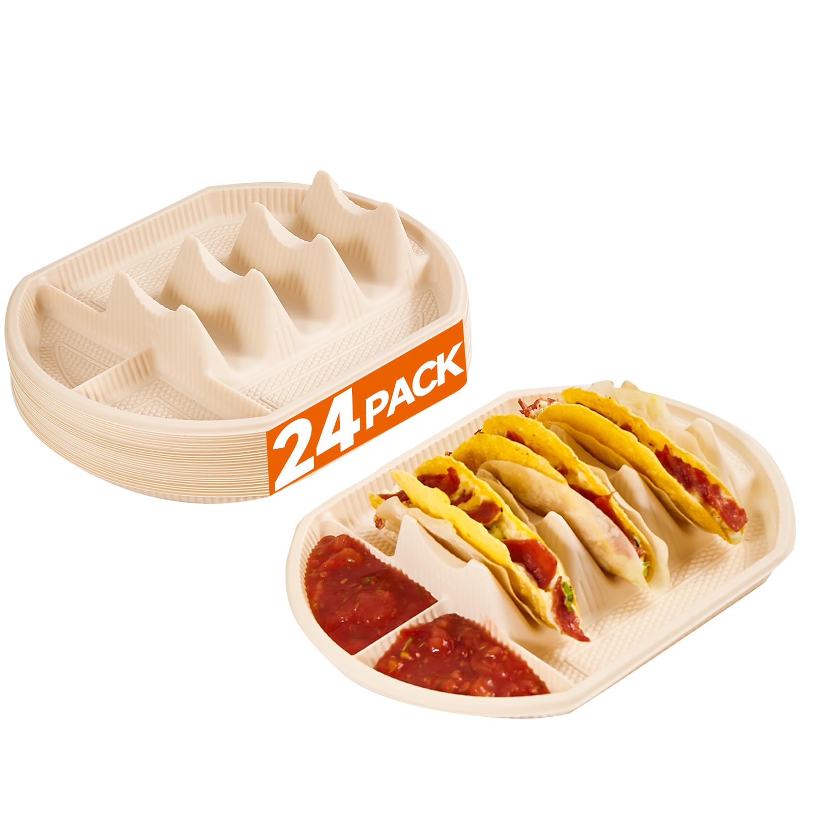 Photo 1 of 24 PCS Large Disposable Taco Holder for Party, Cornstarch Plates, Stand for 3 Tacos, 2 Dipping Areas, Fiesta Trays for Tuesday, Bar Serving Set, Microwave Safe
