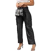 CALEBGAR Women's Faux Leather Pants Stretchy High Waisted Straight Wide Leg Baggy Cargo Pants Trousers with Pockets