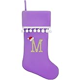 JKSVE Personalized Christmas Stocking - 19 Inch Purple Velvet Stockings, Embroidery Initial with White Pom Pom Trim, Holiday Fireplace Mantel & Xmas Party Decor, Letter M