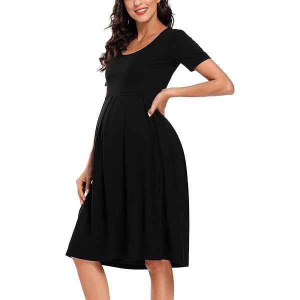 TINYHI Jersey Sheath Dress Womens Sleeves Empire Maternity Flattering Maternity  Dress M Black at Amazon Women's Clothing store