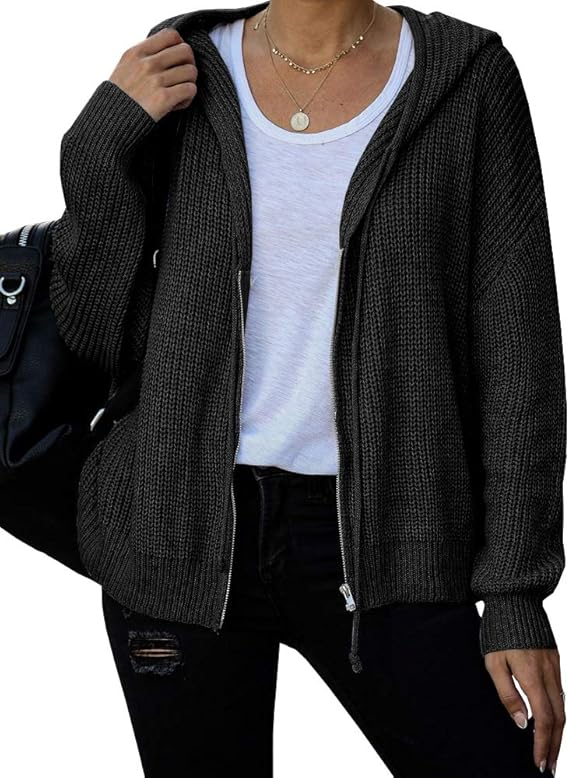Modershe Womens Hooded Zip Up Cardigan Chunky Knit Sweater Jacket