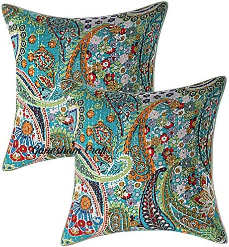 Ganesham Craft Cotton Sea Floral Printed Kantha Cushion Cover 16 x 16 Inch for Living Room Set of 2 (Green)