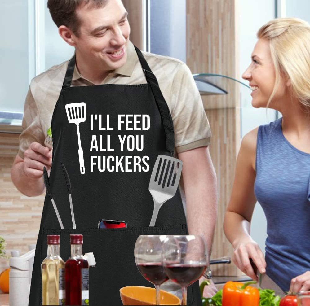 LACOMA Cooking Apron - I'll Feed All You Fuckers - Funny Aprons for Men Women Chef, Adjustable Bib Apron with 3 Pockets and 42.7