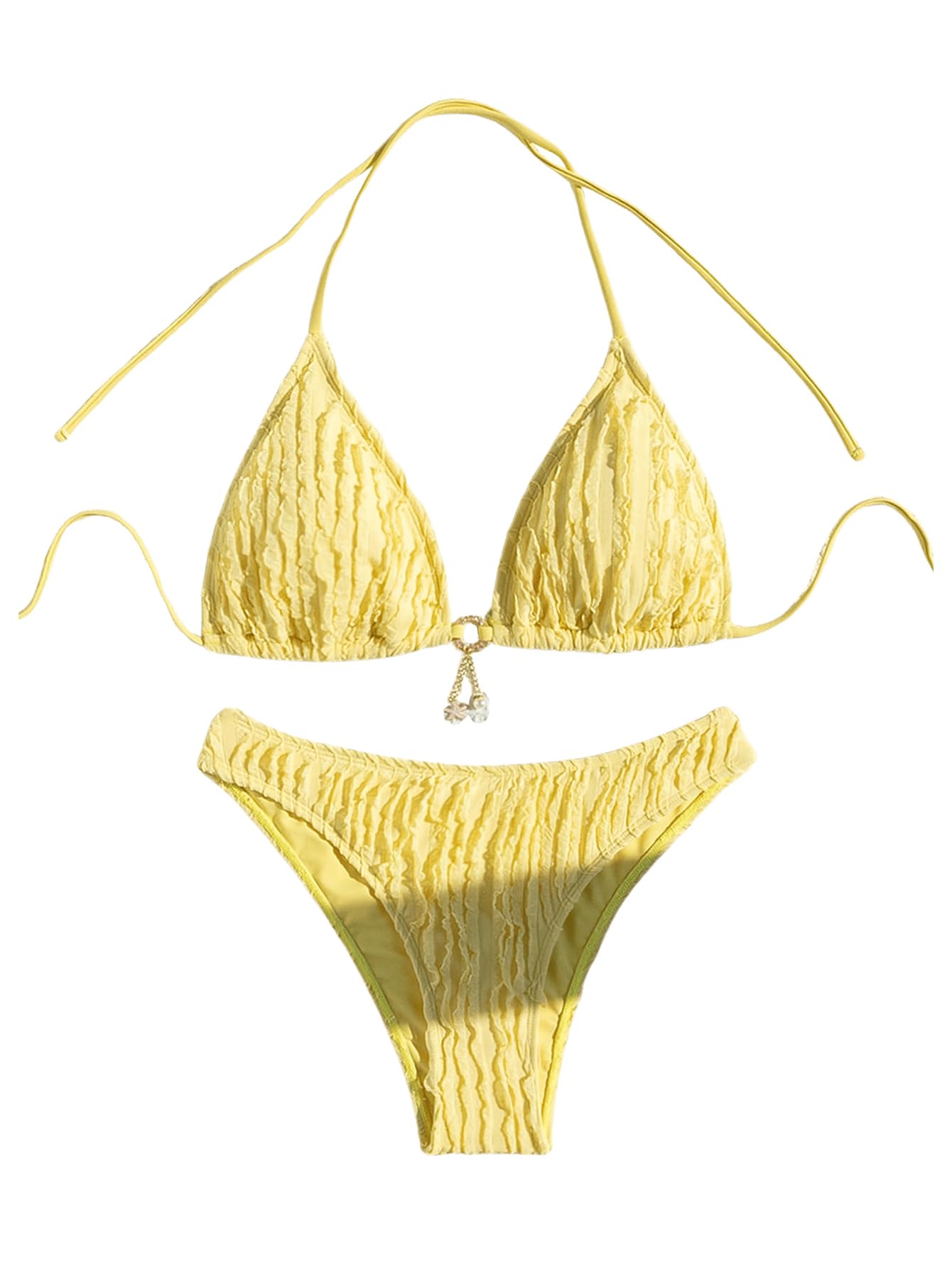 Photo 1 of SHENHE Women's Two Piece Bikini Set Tie Back Textured Cheeky Halter Swimsuits Swimwear Yellow X-Large
