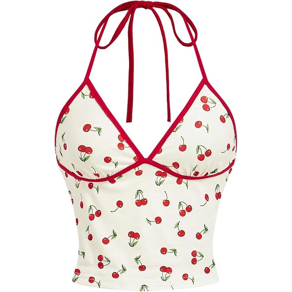 WDIRARA Women's Cherry Print Curve Hem Tank Top Sleeveless Scoop
