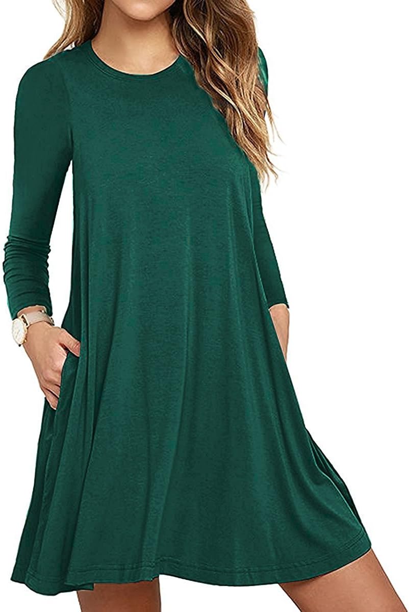 VEIMEILI Women's Long Sleeve Pocket Casual Loose T-Shirt Dress (L, Dark Green)