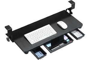 TECLUK Keyboard Tray Under Desk with Drawer,26.77" X 11.81" Keyboard Tray Large Size with C Clamp-on Mount, Easy to Install, Save Space for Office Desk (Black)