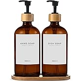 MaisoNovo Glass Dish Soap Dispenser for Kitchen Set of 2-16.9oz Amber Dish and Hand Soap Dispenser Set for Kitchen - Amber Glass Bottles x 2 with Black Bamboo Pumps & Tray