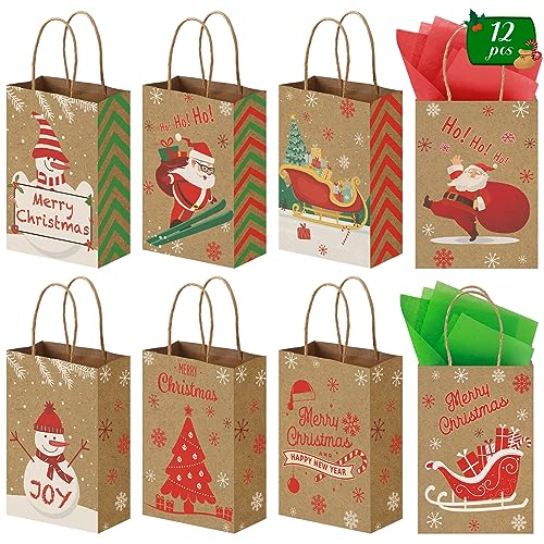 VGOODALL 12PCS Christmas Gift Bags with Tissue Paper, Christmas Treat Bags with Handle Christmas Goodie Bags for Christmas Party Favors Gift Exchange