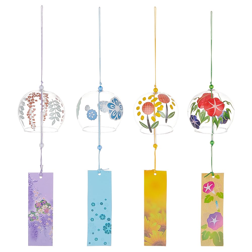 BENECREAT 4PCS Japanese Glass Round Wind Chimes, Sky Blue, Lilac, Colourful, Yellow Floral Motif Wind Chimes with Prayer Paper Charm, For Garden, Patio, Windowsill Decoration