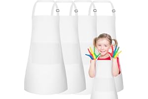 PLULON 6 Pcs Kids Apron Adjustable White Chef Apron with 2 Pockets Painting Aprons for Kids Cooking Baking Crafts (White)