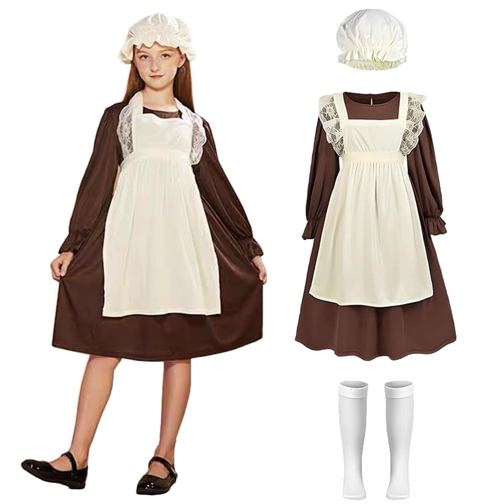 Maryparty Victorian Costume for Girls - Maid Fancy Dress for Halloween, Cosplay, World Book Day (Brown, M)