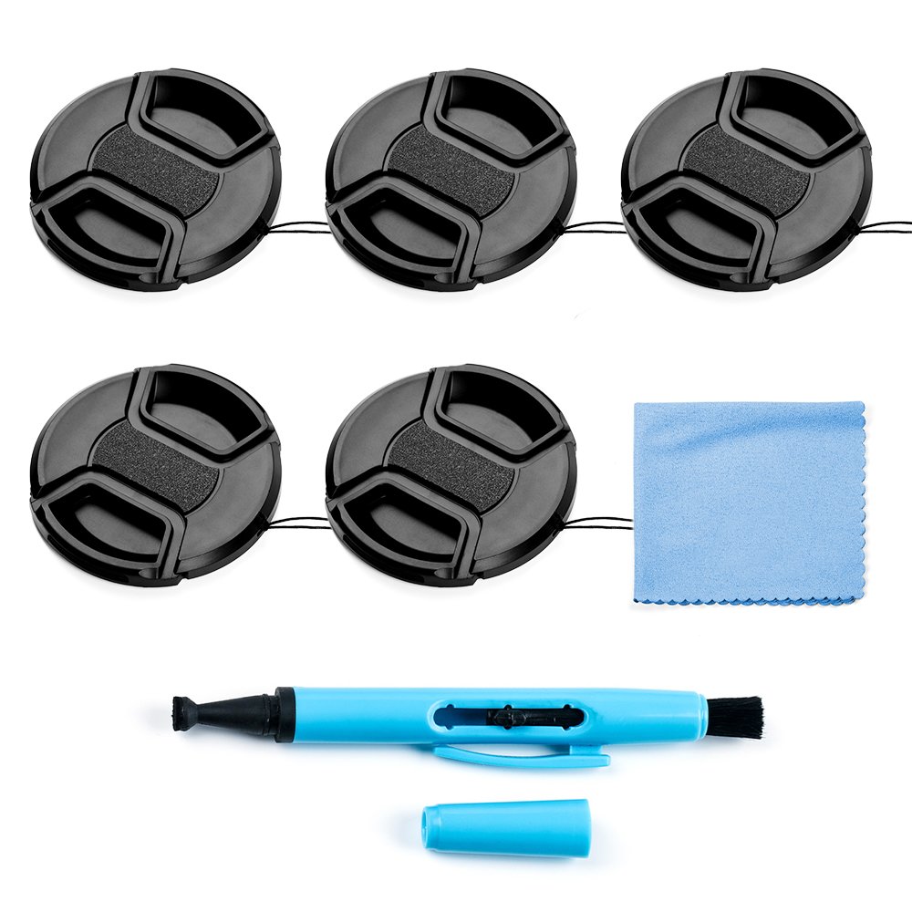Fotover 46mm Lens Cap Bundle, 5 Pack Universal Snap on Front Centre Pinch Lens Cover Set with Microfiber Lens Cleaning Cloth for Canon Nikon Sony Olympus DSLR Camera + Camera Lens Cleaning Pen
