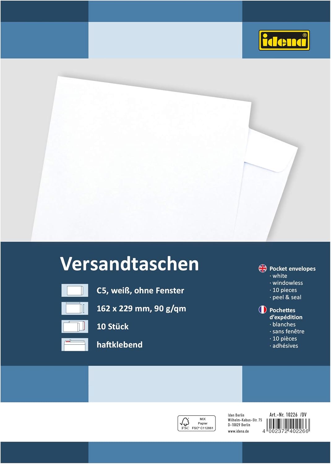 Idena 10226 Envelopes DIN C5, 90 g/m², Peel and Seal, Without Windows, FSC Mix, Pack of 10, White, 10, haftkl.,o.F., weiß