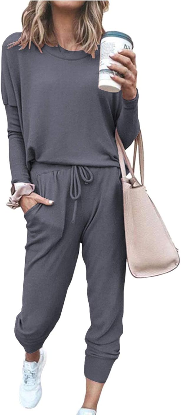 PRETTYGARDEN Women’s Solid Color Two Piece Outfit Long Sleeve Crewneck Pullover Tops And Long Pants Sweatsuits Tracksuits at  Women’s Clothing store