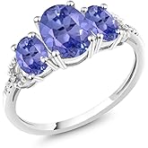 Gem Stone King 2.11 Cttw Oval Blue Tanzanite and Diamond Accent 3-Stone Engagement Ring | 10K White Gold | 3 Stone Wedding Anniversary Promise Ring For Women | Available In Size 5, 6, 7, 8, 9