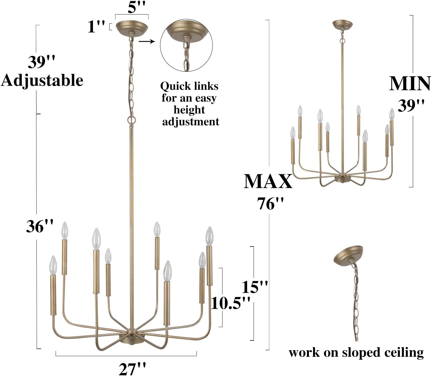 LALUZ Champagne Gold 8-Light High End Modern Chandelier for Dining, Bedroom, Living Room and Kitchen, 26.4" W x 35.4" H, A03225 - - 