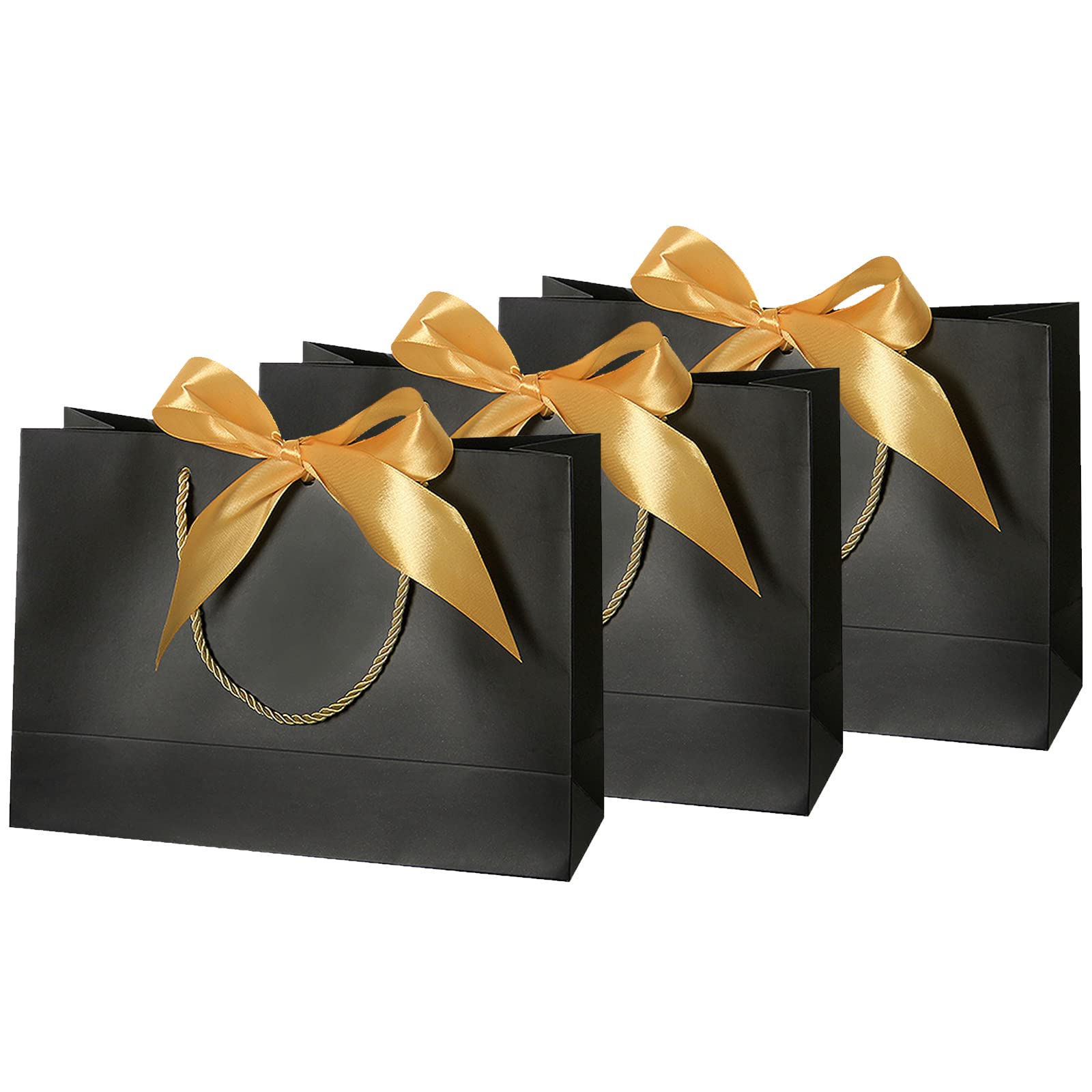 3 Pcs Black Gift Bags with Gold Bow Ribbon, VEGCOO Paper Party Favor Gift Bag Luxury Present Bag with Handle, Large Present Bags for Birthday Wedding Christmas Valentine's Day, 28 × 20 × 10 cm (Black)