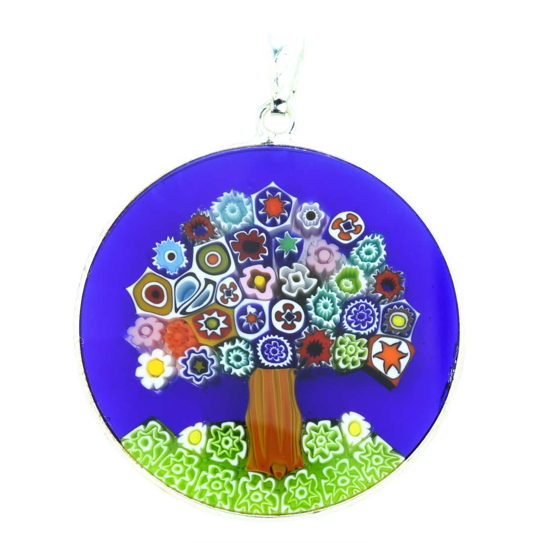 Glass Of Venice Italian Murano Glass Pendant Small 1-1/4 Inch (32mm) Round Multicolor Millefiori Flower in Sterling Silver - Murano Glass Pendants for Women