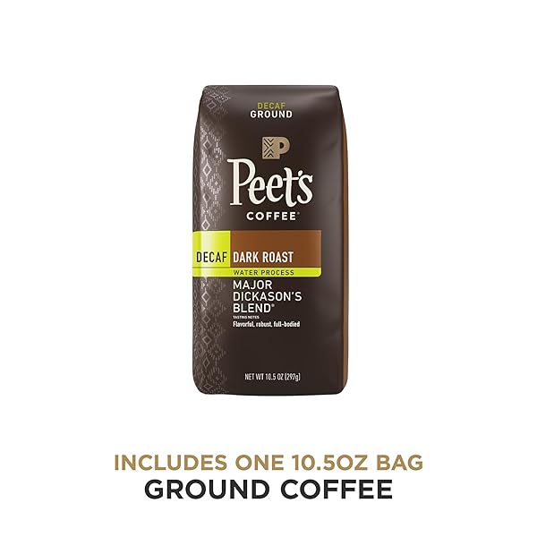 PEET’S COFFEE, DARK ROAST GROUND COFFEE, DECAFFEINATED ARABICA COFFEE – DECAF MAJOR DICKASON’S BLEND 10.5 OUNCE BAG