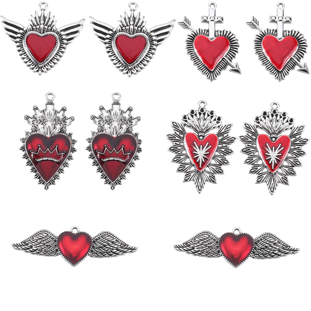SUNNYCLUE 1 Box 20Pcs Gothic Heart Charm Silver Heart Enamel Charms Bulk Vintage Love Red Sacred Heart Mexican Milagro Halloween Charms for Jewellery Making Charm Valentine's Day Earrings DIY Crafts