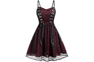 SHOPESSA Women's Sleeveless Punk Dress Camisole Skull Print Lace Swing Dress Halloween Spaghetti Strap Steampunk Dress Goth Clothes