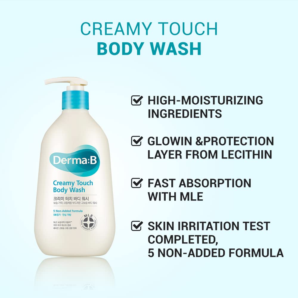 Derma B Creamy Touch Body Wash, Long-Lasting Mild Moisturizing Cleanser, Intensive Nourishing with Shea Butter, Grape Seed Oil, Panthenol, Relaxing Scented Shower Gel, Kbeauty, 13.5 Fl Oz, 400ml