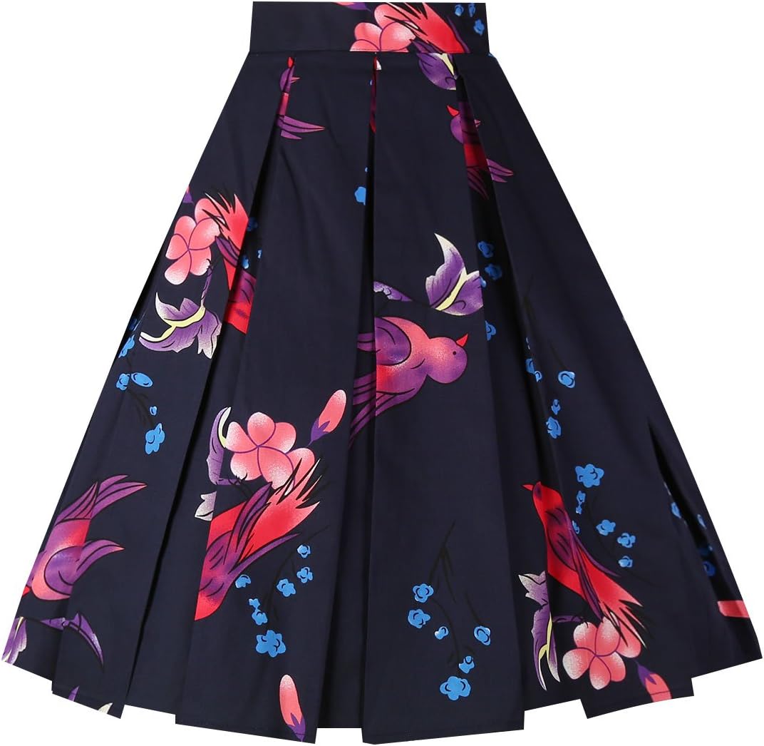 OBBUE Dresstore Vintage Pleated Skirt Floral A-line Printed Midi Skirts with Pockets Swallow-Navy-S