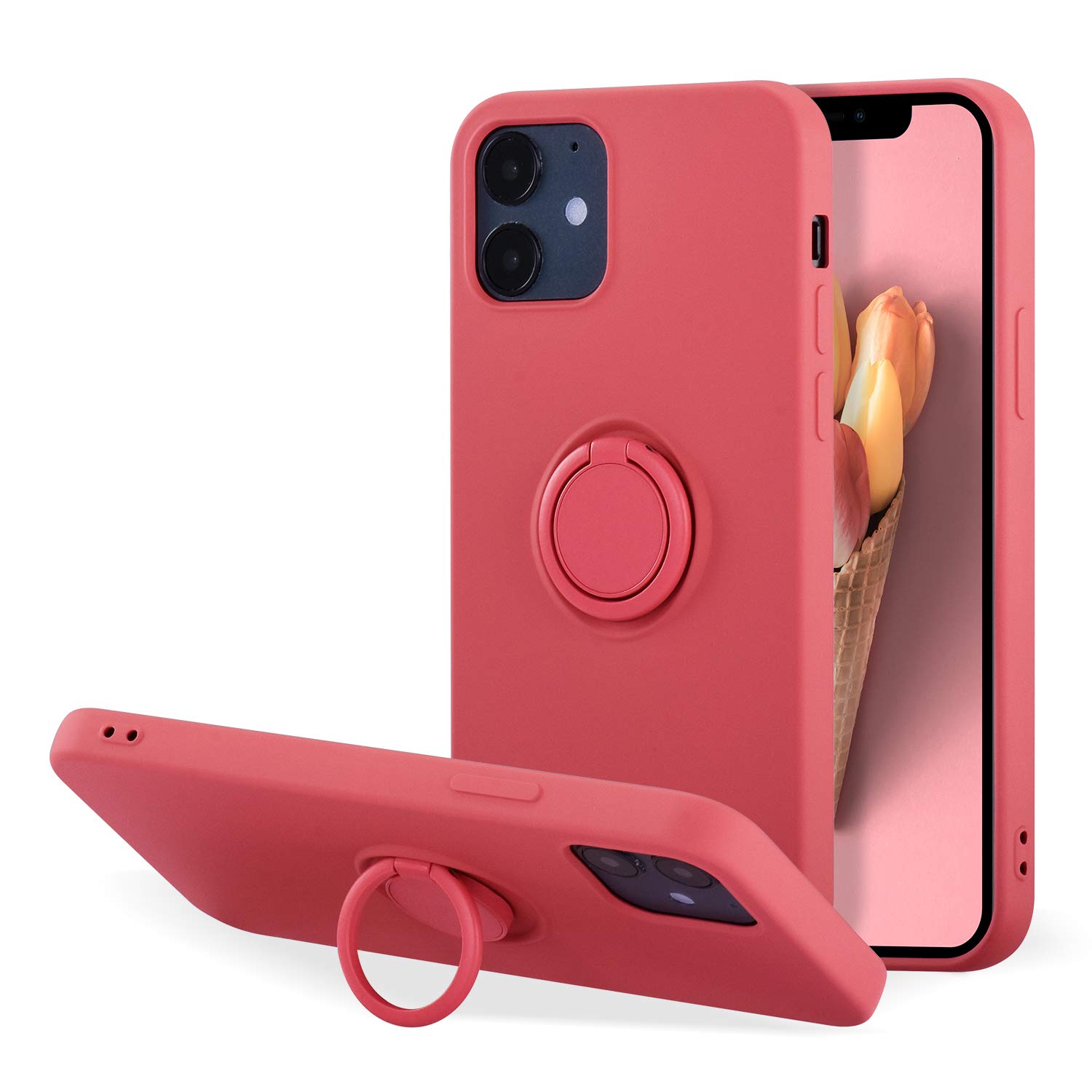 UEEBAI Case for iPhone 12 mini 5.4 inch, Ultra Slim Liquid Silicone Phone Case with 360 Rotatable Ring Holder Kickstand with Magnetic Car Mount Gel Rubber TPU Bumper Shockproof Cover - Peach