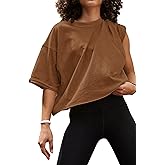 Women's Oversize Workout Crop Tops Casual Short Sleeve Drop Shoulder Boxy T-Shirts Roll Hem Basic Loose Yoga Running Tees