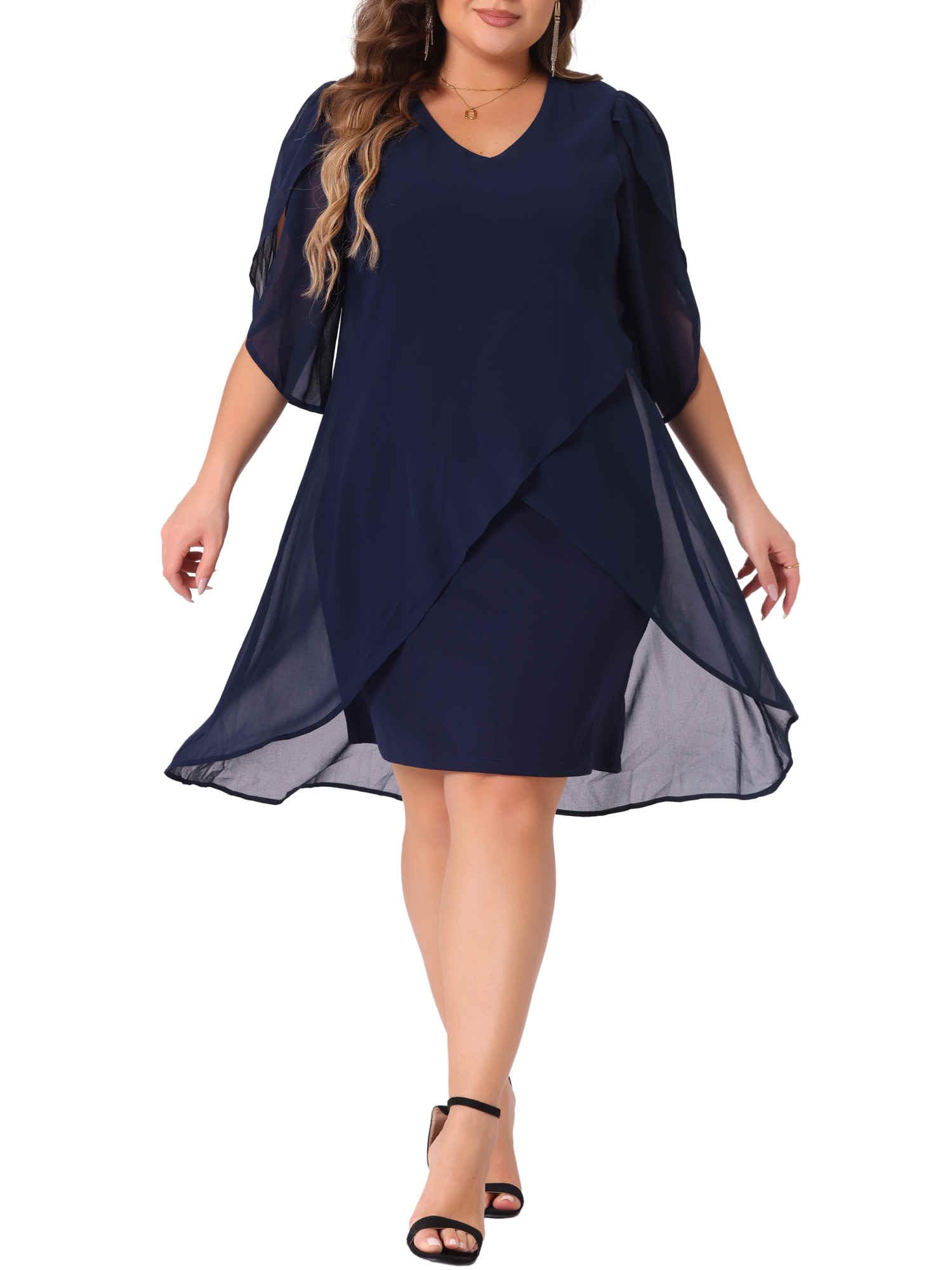 Photo 1 of Agnes Orinda Plus Size Chiffon Cocktail Dresses for Women Mesh 2024 Wedding Guest Party Overlay Short Dress 1X Navy Blue