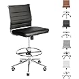 LUCKWIND Drafting Chair Tall Office Chair Ribbed - Mid-Back PU Leather Standing Desk Stool with Adjustable Foot Ring Wide Seat Tilt-Tension Rocker Lumbar Support Swivel Rolling 400lbs, Black