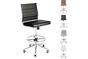 LUCKWIND Drafting Chair Tall Office Chair Ribbed - Mid-Back PU Leather Standing Desk Stool with Adjustable Foot Ring Wide Seat Tilt-Tension Rocker Lumbar Support Swivel Rolling 400lbs, Black