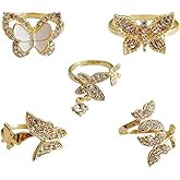 Hebelee 5 Pcs Butterfly Statement Rings Set for Women Girls Wedding Promise Engagement Cubic Zirconia Gold-Toned Open Band Knuckle Rings Comfort Fit Fashion Christmas Birthday Jewelry