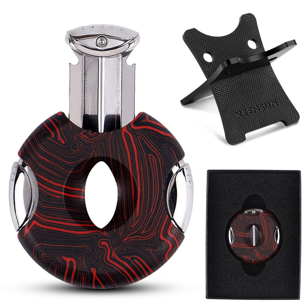 KEENSUN Round G10 V-Cut Cigar Cutter (Red and Black Texture),60 Ring Gauge, Ergonomic Design with Secure-Lock,2 Pack Set with Gift Box (Cigar Cutter and G10 Cigar Holder)