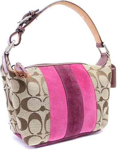 Amazon コーチ Coach ストライプ シグネチャー 1598 ハンドバッグ ピンク ベージュ レディース キャンバス レザー スウェード 中古 ハンドバッグ
