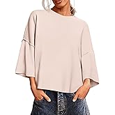 Saodimallsu Womens 3/4 Sleeve Sweaters Lightweight Crewneck Loose Pullover Casual Oversized Fall Knit Tops