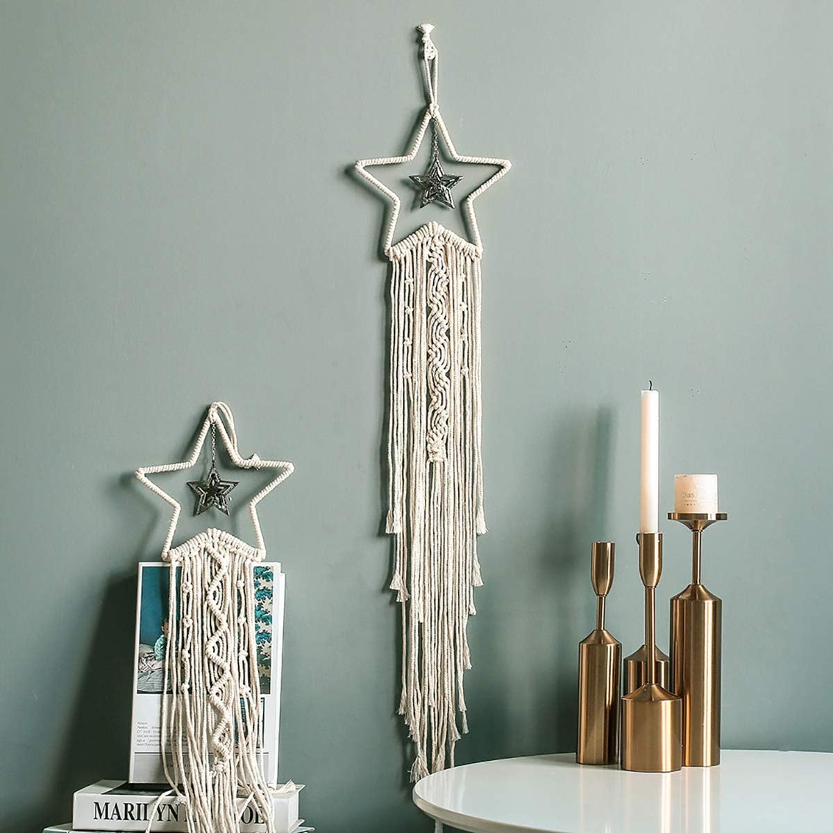 JOXJOZ Handmade Design Cute Stars Woven Cotton Dream Catchers Boho Macrame Wall Hanging Home Decoration Ornament Craft Gift (Beige-Star)