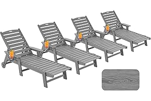Serique Chaise Lounge Chair Outdoor with Wheels, Oversize Patio Lounge Chair with Wood Texture, 5-Position Plastic Lounge Chair Set of 4-Grey(Separate Delivery)