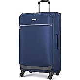 Amazon Basics 28" Large Checked Softside Expandable Suitcase with 360-Degree Multi-directional Spinner Wheels, Zippered Pockets, Telescoping Handle, Spacious, Navy Blue