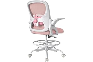 LukkDys Drafting Chair,Tall and Standing Desk Chair with Flip-up Armrests, Ergonomic Comfy Lumbar Support and Adjustable Footrest Ring Office/Computer Chair (White-Pink)